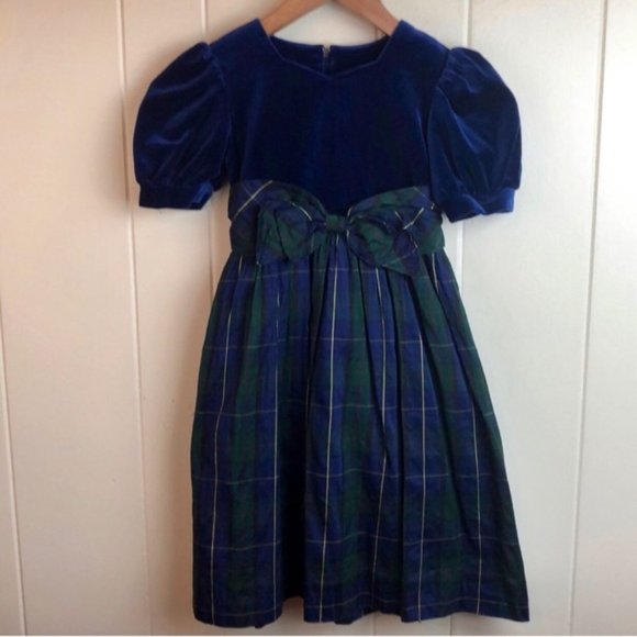 Vintage 80s Blue Girls Velvet Silk Party Dress - Picture 2 of 6